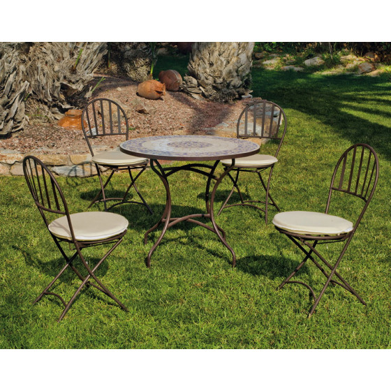 Table de jardin mosaique et 4 chaises en fer forgé Jardin et Saisons