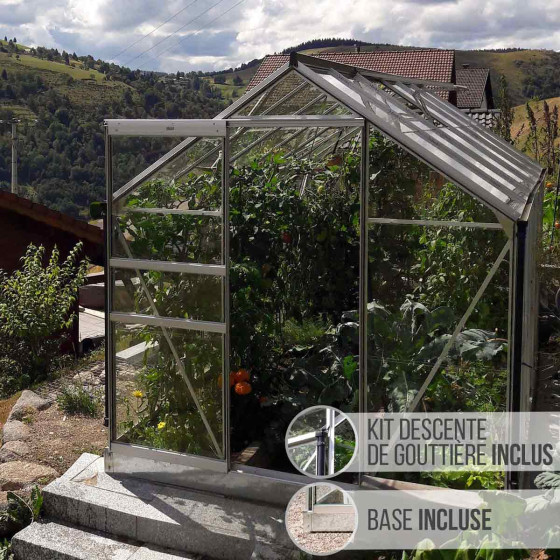 Serre de jardin en verre et aluminium naturel avec embase