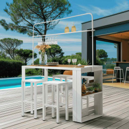 table bar exterieur avec 4 tabourets en aluminium